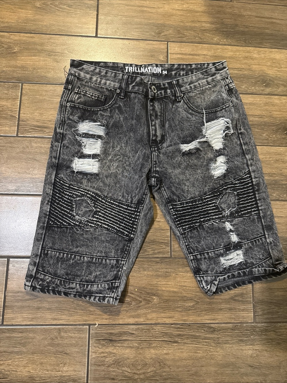 Trill Nation Distressed Biker Denim Shorts Acid Wash Size 34